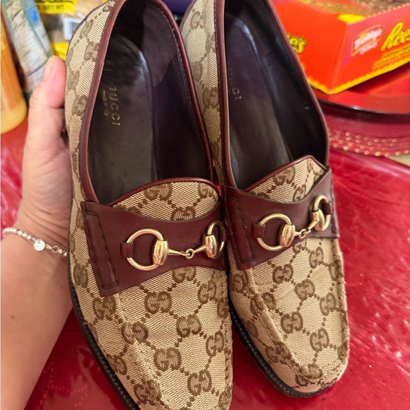 Gucci Brown GG Canvas Loafers with Burgundy Trim & Gold Horsebit - Picture 7 of 8